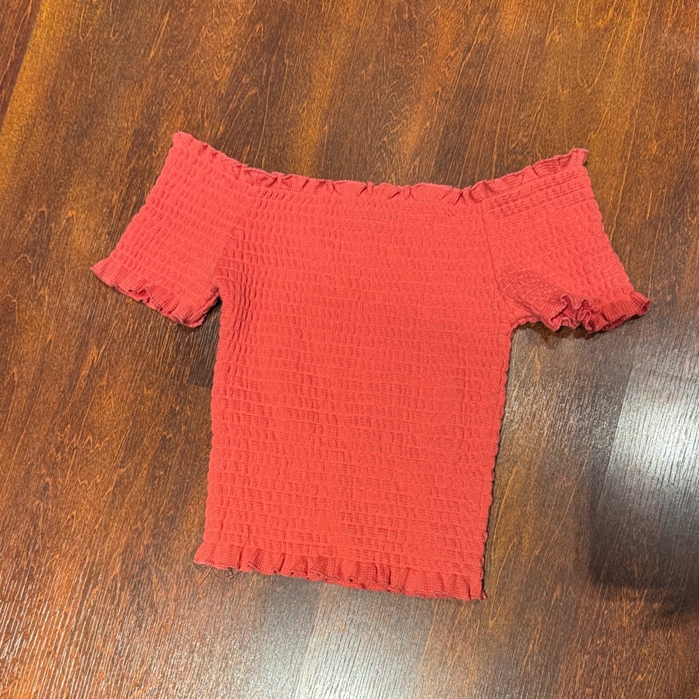 Aqua Smocked Off-Shoulder Crop Top in Red